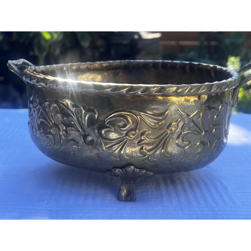 Vintage Solid Brass Jardiniere Footed Cachepot Planter Embossed Floral Handles